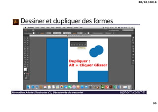 30/03/2016
95
Formation Adobe Illustrator CC, Découverte du vectoriel alphorm.com™©
Dessiner et dupliquer des formes
Dupliquer :
Alt + Cliquer Glisser
 