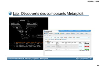 07/04/2016
37
Formation Hacking & Sécurité, Expert – Metasploit alphorm.com™©
Lab : Découverte des composants Metasploit
 