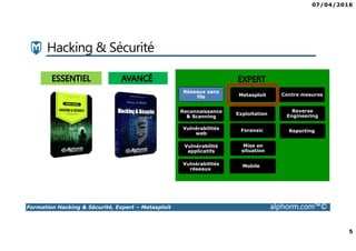 07/04/2016
5
Formation Hacking & Sécurité, Expert – Metasploit alphorm.com™©
Hacking & Sécurité
Réseaux sans
fils
Reconnaissance
& Scanning
Vulnérabilités
web
Vulnérabilités
réseaux
Metasploit
Exploitation
Forensic
Mobile
Reporting
Mise en
situation
Contre mesures
Reverse
Engineering
Vulnérabilité
applicatifs
 