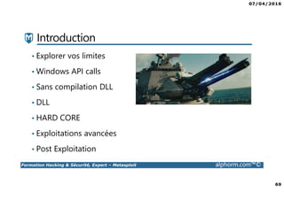 07/04/2016
69
Formation Hacking & Sécurité, Expert – Metasploit alphorm.com™©
Introduction
• Explorer vos limites
• Windows API calls
• Sans compilation DLL
• DLL
• HARD CORE
• Exploitations avancées
• Post Exploitation
 