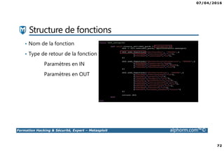 07/04/2016
72
Formation Hacking & Sécurité, Expert – Metasploit alphorm.com™©
Structure de fonctions
• Nom de la fonction
• Type de retour de la fonction
Paramètres en IN
Paramètres en OUT
 