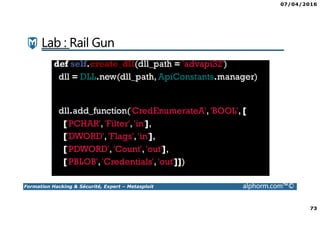 07/04/2016
73
Formation Hacking & Sécurité, Expert – Metasploit alphorm.com™©
Lab : Rail Gun
 