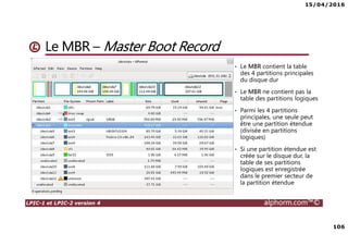 15/04/2016
106
LPIC-1 et LPIC-2 version 4 alphorm.com™©
Le MBR – Master Boot Record
• Le MBR contient la table
des 4 partitions principales
du disque dur
• Le MBR ne contient pas la
table des partitions logiques
• Parmi les 4 partitions
principales, une seule peut
être une partition étendue
(divisée en partitions
logiques)
• Si une partition étendue est
créée sur le disque dur, la
table de ses partitions
logiques est enregistrée
dans le premier secteur de
la partition étendue
 