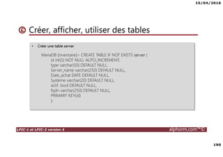 15/04/2016
7
LPIC-1 et LPIC-2 version 4 alphorm.com™©
Le plan de formation
• Systemd
• Démarrage du système
• Gérer les services avec Systemd
• Créer un service pour Systemd
• Gestion des systèmes de fichiers avec Systemd
• Gérer les ressources avec Systemd
• Déploiements
• Mise en oeuvre d'un serveur PXE
• Authentification
• SSSD System Security Services Daemon
• Mise en oeuvre avec Active Directory
• Mise en oeuvre avec OpenLDAP
• Le serveur Nginx
• Nginx en serveur Web
• Niginx en Reverse Proxy (proxy inverse)
• Administration avancée des périphériques de stockage
• Le GPT partitionnement GUID
• Le BTRFS
• Les technologies SAN – NAS
• Le protocole ISCSI
• Créer des Target ISCSI avec targetcli
• Iscsiadm - accéder aux Targets
• Gestion des bases de données
• Introduction aux bases de données
• Mariadb
• Installation de MariaDB
• Gérer une base données MariaDB
• Gestion des tables
• Gestion avancée des tables
• Administration des utilisateurs et les permissions
• Sauvegarde et restaurer des bases de données
 