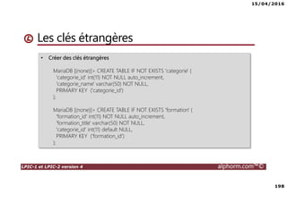 15/04/2016
7
LPIC-1 et LPIC-2 version 4 alphorm.com™©
Le plan de formation
• Systemd
• Démarrage du système
• Gérer les services avec Systemd
• Créer un service pour Systemd
• Gestion des systèmes de fichiers avec Systemd
• Gérer les ressources avec Systemd
• Déploiements
• Mise en oeuvre d'un serveur PXE
• Authentification
• SSSD System Security Services Daemon
• Mise en oeuvre avec Active Directory
• Mise en oeuvre avec OpenLDAP
• Le serveur Nginx
• Nginx en serveur Web
• Niginx en Reverse Proxy (proxy inverse)
• Administration avancée des périphériques de stockage
• Le GPT partitionnement GUID
• Le BTRFS
• Les technologies SAN – NAS
• Le protocole ISCSI
• Créer des Target ISCSI avec targetcli
• Iscsiadm - accéder aux Targets
• Gestion des bases de données
• Introduction aux bases de données
• Mariadb
• Installation de MariaDB
• Gérer une base données MariaDB
• Gestion des tables
• Gestion avancée des tables
• Administration des utilisateurs et les permissions
• Sauvegarde et restaurer des bases de données
 
