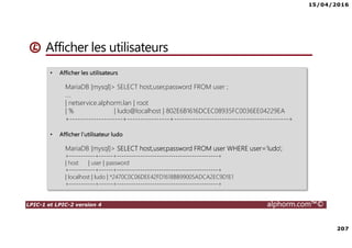 15/04/2016
207
LPIC-1 et LPIC-2 version 4 alphorm.com™©
Afficher les utilisateurs
• Afficher les utilisateurs
MariaDB [mysql]> SELECT host,user,password FROM user ;
….
| netservice.alphorm.lan | root
| % | ludo@localhost | 802E6B1616DCEC08935FC0036EE04229EA
+--------------------+----------------+-------------------------------------------+
• Afficher l’utilisateur ludo
MariaDB [mysql]> SELECT host,user,password FROM user WHERE user='ludo';
+-----------+------+-------------------------------------------+
| host | user | password
+-----------+------+-------------------------------------------+
| localhost | ludo | *2470C0C06DEE42FD1618BB99005ADCA2EC9D1E1
+-----------+------+-------------------------------------------+
 