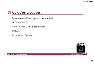 15/04/2016
3
LPIC-1 et LPIC-2 version 4 alphorm.com™©
Présentation du formateur
Ludovic QUENEC’HDU
• lquenec@alphorm.com
• Consultant et expert en Open source, logiciel libre et virtualisation
• Mission de conseil, d’architecture, d’administration, de migration et de
formation
• Mes références :
Mon profil LinkedIn : https://fr.linkedin.com/pub/ludovic-quenec-hdu/47/6bb/550
Mon profil Alphorm : http://www.alphorm.com/formateur/ludovic-quenechdu
 