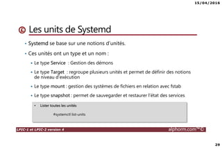 15/04/2016
3
LPIC-1 et LPIC-2 version 4 alphorm.com™©
Présentation du formateur
Ludovic QUENEC’HDU
• lquenec@alphorm.com
• Consultant et expert en Open source, logiciel libre et virtualisation
• Mission de conseil, d’architecture, d’administration, de migration et de
formation
• Mes références :
Mon profil LinkedIn : https://fr.linkedin.com/pub/ludovic-quenec-hdu/47/6bb/550
Mon profil Alphorm : http://www.alphorm.com/formateur/ludovic-quenechdu
 