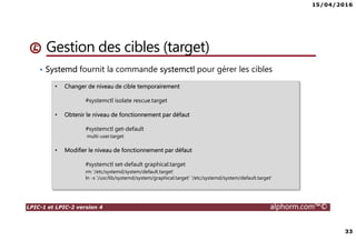 15/04/2016
33
LPIC-1 et LPIC-2 version 4 alphorm.com™©
Gestion des cibles (target)
• Systemd fournit la commande systemctl pour gérer les cibles
• Changer de niveau de cible temporairement
#systemctl isolate rescue.target
• Obtenir le niveau de fonctionnement par défaut
#systemctl get-default
multi-user.target
• Modifier le niveau de fonctionnement par défaut
#systemctl set-default graphical.target
rm '/etc/systemd/system/default.target'
ln -s '/usr/lib/systemd/system/graphical.target' '/etc/systemd/system/default.target‘
 