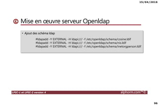 15/04/2016
96
LPIC-1 et LPIC-2 version 4 alphorm.com™©
Mise en œuvre serveur Openldap
• Ajout des schéma ldap
#ldapadd -Y EXTERNAL -H ldapi:/// -f /etc/openldap/schema/cosine.ldif
#ldapadd -Y EXTERNAL -H ldapi:/// -f /etc/openldap/schema/nis.ldif
#ldapadd -Y EXTERNAL -H ldapi:/// -f /etc/openldap/schema/inetorgperson.ldif
 