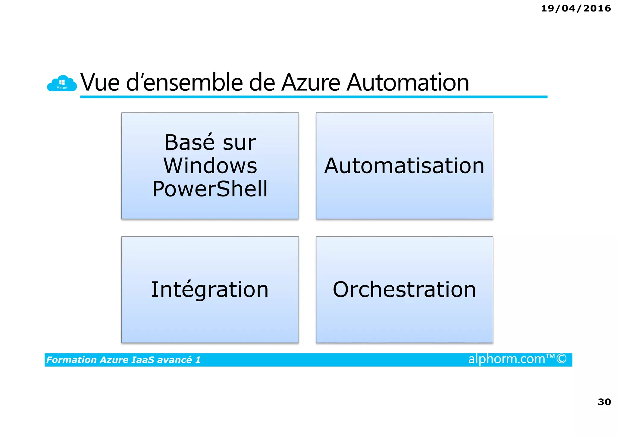 19/04/2016
30
Formation Azure IaaS avancé 1 alphorm.com™©
Vue d’ensemble de Azure Automation
Basé sur
Windows
PowerShell
Automatisation
Intégration Orchestration
 