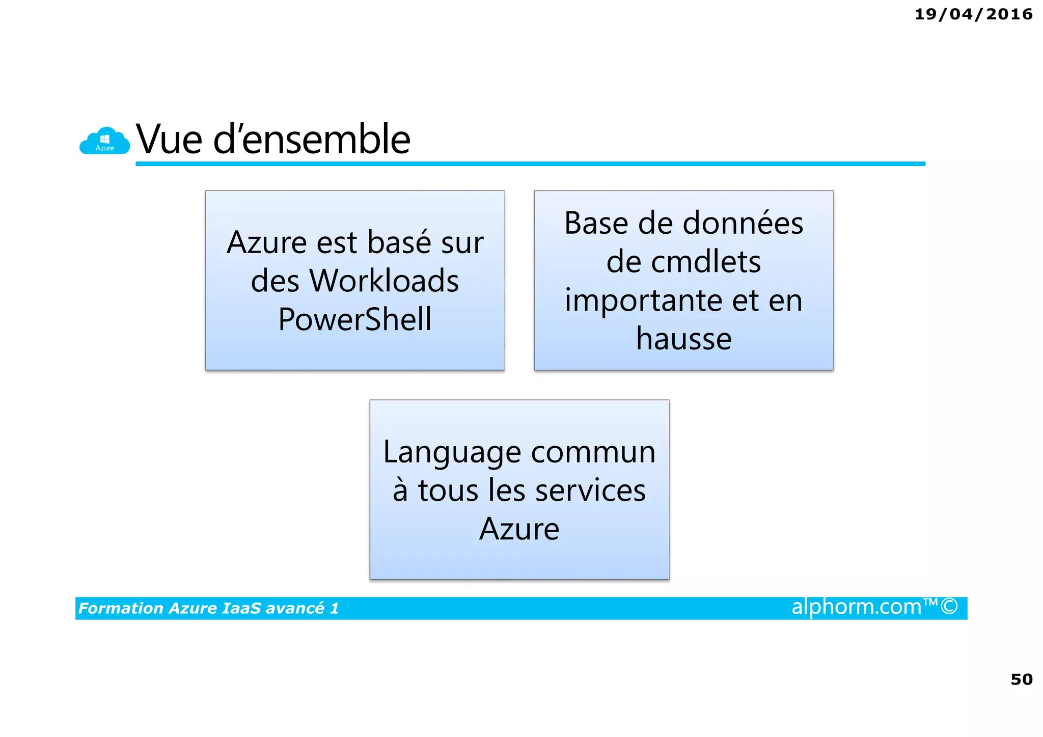 19/04/2016
50
Formation Azure IaaS avancé 1 alphorm.com™©
Vue d’ensemble
Azure est basé sur
des Workloads
PowerShell
Base de données
de cmdlets
importante et en
hausse
Language commun
à tous les services
Azure
 