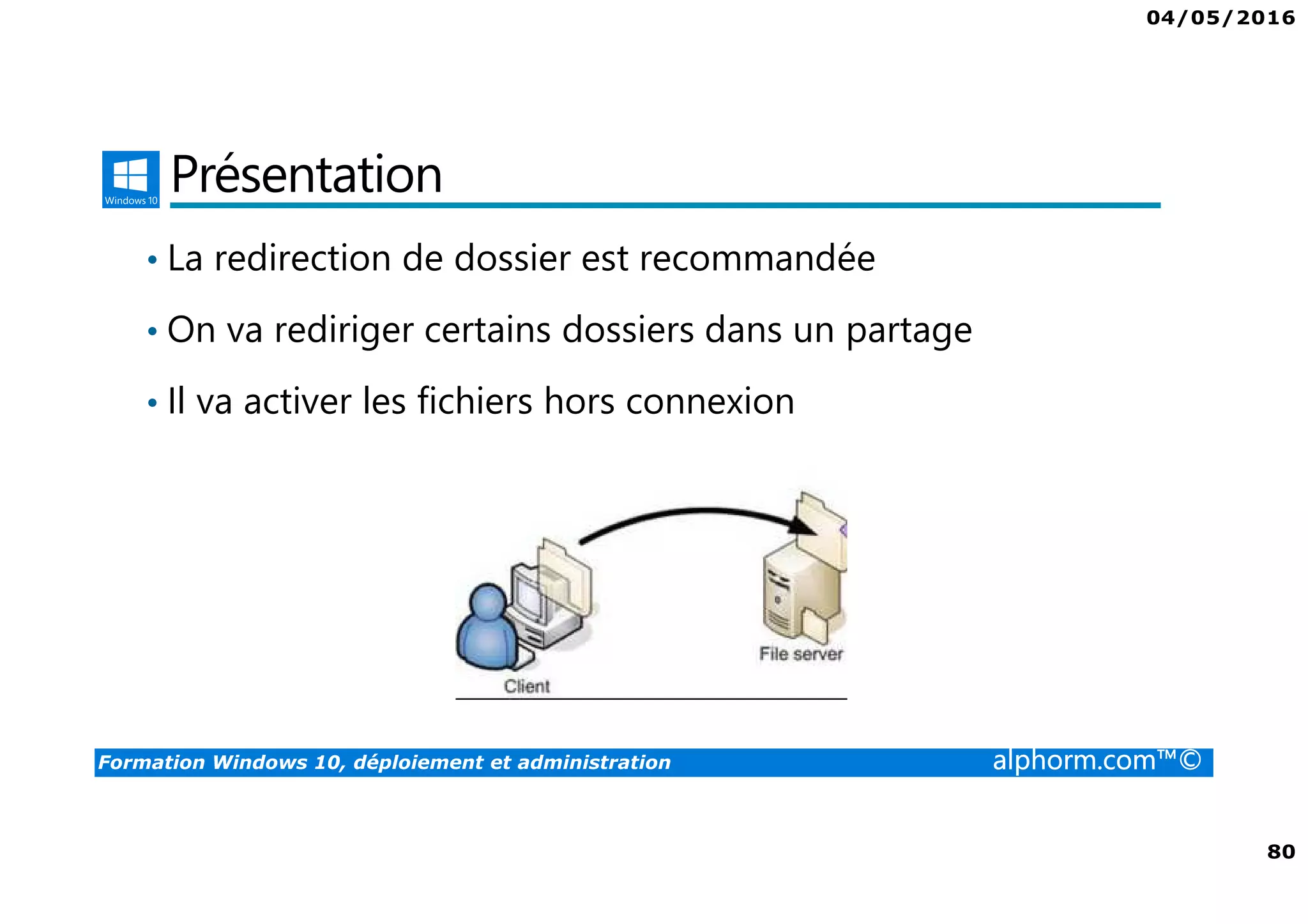 04/05/2016
80
Formation Windows 10, déploiement et administration alphorm.com™©
Présentation
• La redirection de dossier est recommandée
• On va rediriger certains dossiers dans un partage
• Il va activer les fichiers hors connexion
 