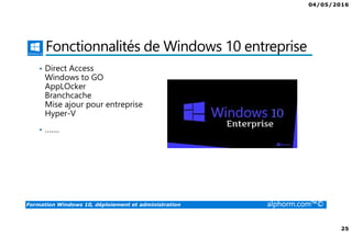 04/05/2016
3
Formation Windows 10, déploiement et administration alphorm.com™©
Présentation du formateur
Fabrice SFORZA
• fabrice@softrix.fr
• Consultant – Trainer en Virtualisation chez ITTA
(https://www.youlearnit.ch/)
• Mission d’architecture, de migration et de formation
• Microsoft MCT, MCITP, MCSE
• Citrix CCEE
• VMware VCP 4.0
• Mon Profil sur Alphorm : http://www.alphorm.com/formateur/fabrice-sforza-
chrzanowski
 