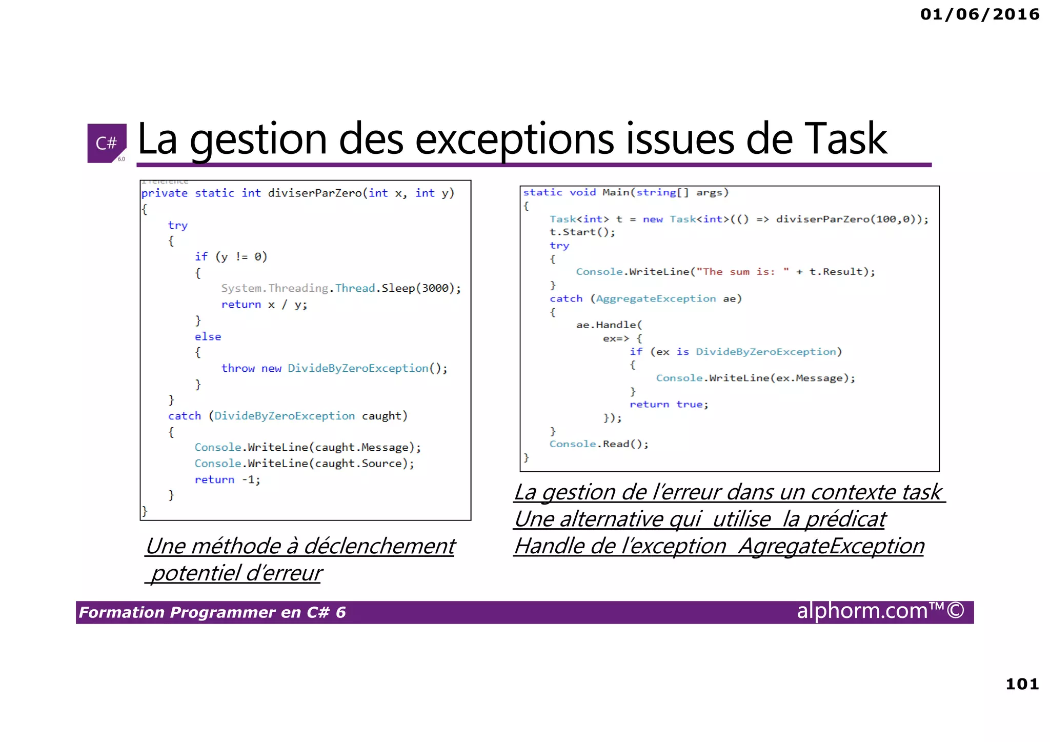 01/06/2016 101 Formation Programmer en C# 6 alphorm.com™© La gestion des exceptions issues de Task Une méthode à déclenchement potentiel d’erreur La gestion de l’erreur dans un contexte task Une alternative qui utilise la prédicat Handle de l’exception AgregateException 