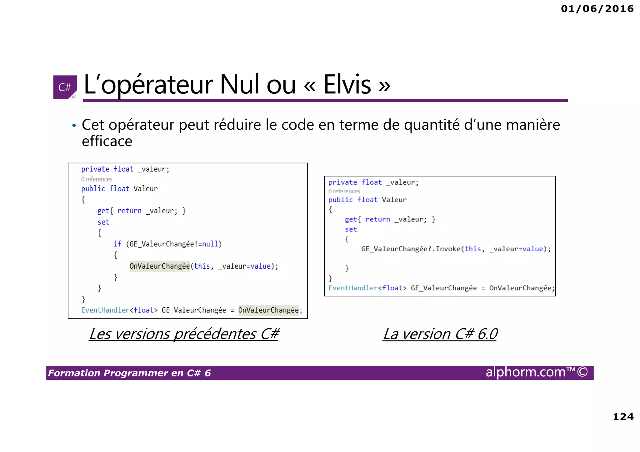 01/06/2016 124 Formation Programmer en C# 6 alphorm.com™© L’opérateur Nul ou « Elvis » • Cet opérateur peut réduire le code en terme de quantité d’une manière efficace Les versions précédentes C# La version C# 6.0 
