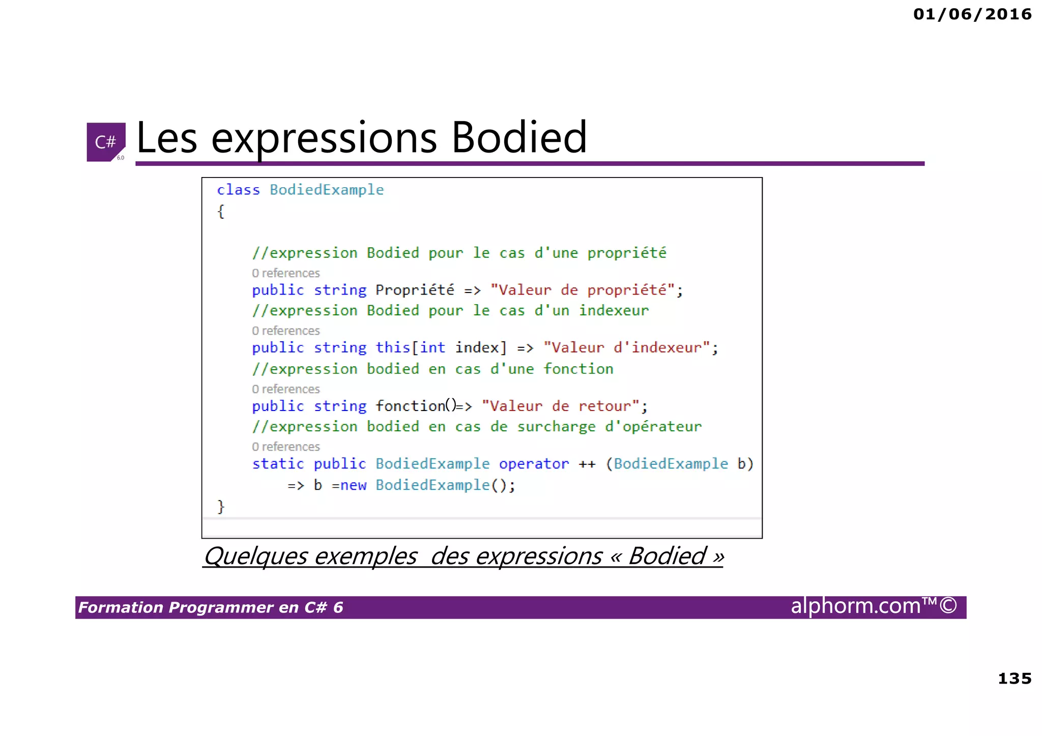 01/06/2016 135 Formation Programmer en C# 6 alphorm.com™© Les expressions Bodied Quelques exemples des expressions « Bodied » () 