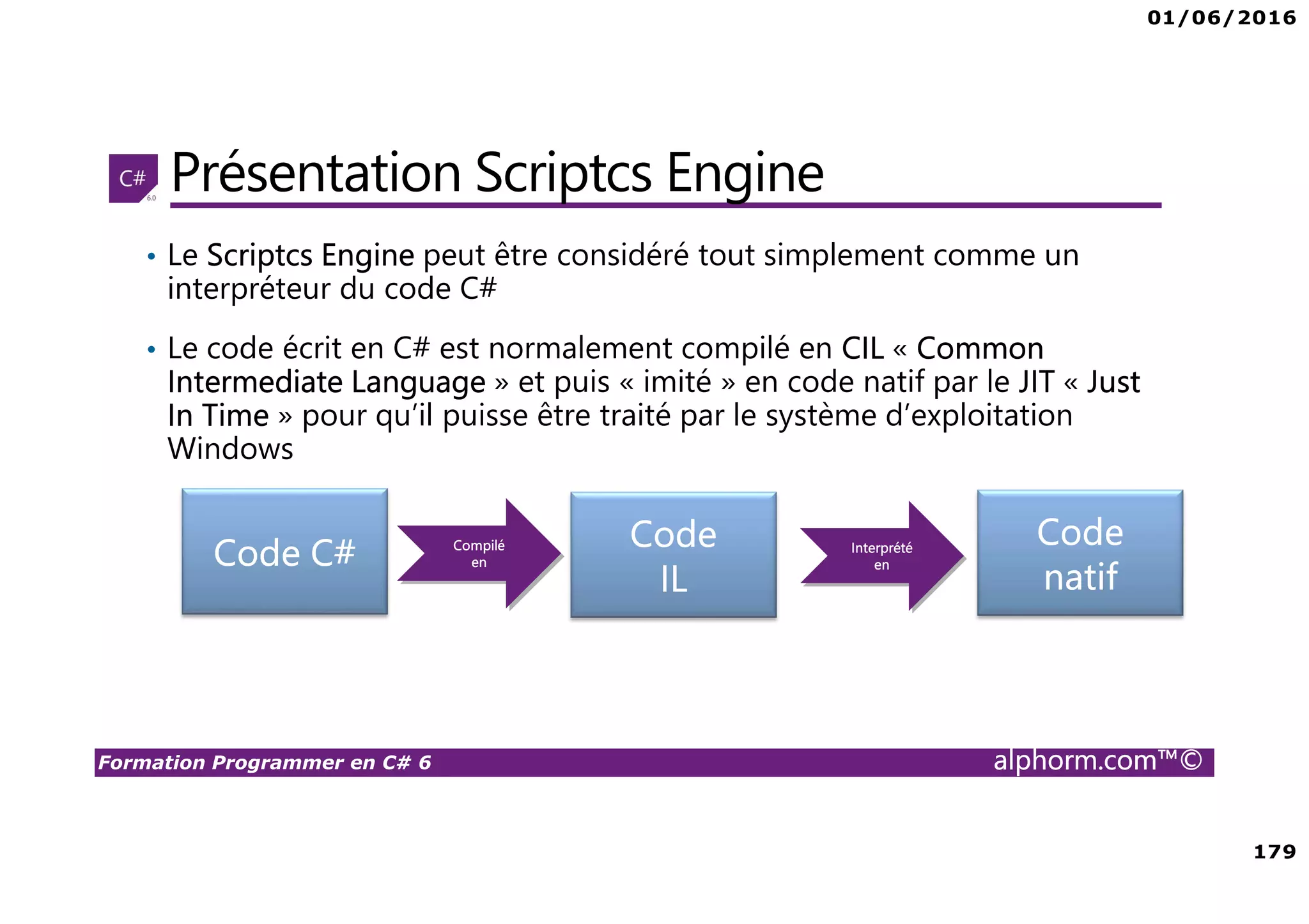 01/06/2016 179 Formation Programmer en C# 6 alphorm.com™© Présentation Scriptcs Engine • Le Scriptcs Engine peut être considéré tout simplement comme un interpréteur du code C# • Le code écrit en C# est normalement compilé en CIL « Common Intermediate Language » et puis « imité » en code natif par le JIT « Just In Time » pour qu’il puisse être traité par le système d’exploitation Windows Code C# Code IL Code natif Compilé en Interprété en 