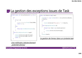 01/06/2016
5
Formation Programmer en C# 6 alphorm.com™©
Présentation du plan de formation
• Le spectre d'évolution du C# du 2.0 au 6.0
• Les nouveautés apportées avec le .Net Framework 4.6
• Le Scriptcs Engine
• Le Roslyn
• Le C# 6.0 et le Cloud une introduction
• Un ensemble d’études de cas: Scriptcs, Les types, Les collections, La
sérialisation, LINQ, Réflexion, Programmation dynamique, Threading,
Interopérabilité, Base de données
 