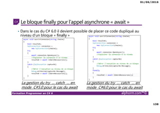 01/06/2016
138
Formation Programmer en C# 6 alphorm.com™©
Le bloque finally pour l’appel asynchrone « await »
• Dans le cas du C# 6.0 il devient possible de placer ce code dupliqué au
niveau d’un bloque « finally »
La gestion du try … catch … en
mode C#5.0 pour le cas du await
La gestion du try … catch … en
mode C#6.0 pour le cas du await
 
