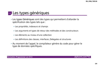 01/06/2016
3
Formation Programmer en C# 6 alphorm.com™©
Pésentation du formateur
Béchir Béjaoui
• Consultant et expert certifié en infrastructure réseau, développement des
solutions distribuées et Business Intelligence
• Certifications : MCITP en SQL SERVER BI, MCPD Applications Distribuées
.net 3.5, MCSD Team Fondation Server , MCTS
• Mes références :
Profil LinkedIn : tn.linkedin.com/pub/bejaoui/2b/245/6b
Profil C-sharpcorner : www.c-sharpcorner.com/authors/yougerthen/bechir-
bejaoui.aspx
Profil MSDN: social.msdn.microsoft.com/profile/masnsn
Profil Alphorm : http://www.alphorm.com/formateur/bechir-bejaoui
 