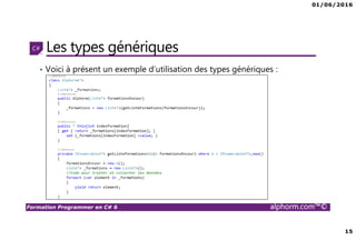 01/06/2016
3
Formation Programmer en C# 6 alphorm.com™©
Pésentation du formateur
Béchir Béjaoui
• Consultant et expert certifié en infrastructure réseau, développement des
solutions distribuées et Business Intelligence
• Certifications : MCITP en SQL SERVER BI, MCPD Applications Distribuées
.net 3.5, MCSD Team Fondation Server , MCTS
• Mes références :
Profil LinkedIn : tn.linkedin.com/pub/bejaoui/2b/245/6b
Profil C-sharpcorner : www.c-sharpcorner.com/authors/yougerthen/bechir-
bejaoui.aspx
Profil MSDN: social.msdn.microsoft.com/profile/masnsn
Profil Alphorm : http://www.alphorm.com/formateur/bechir-bejaoui
 