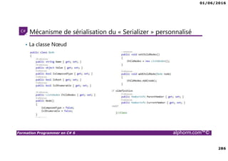 01/06/2016
286
Formation Programmer en C# 6 alphorm.com™©
Mécanisme de sérialisation du « Serializer » personnalisé
• La classe Nœud
 