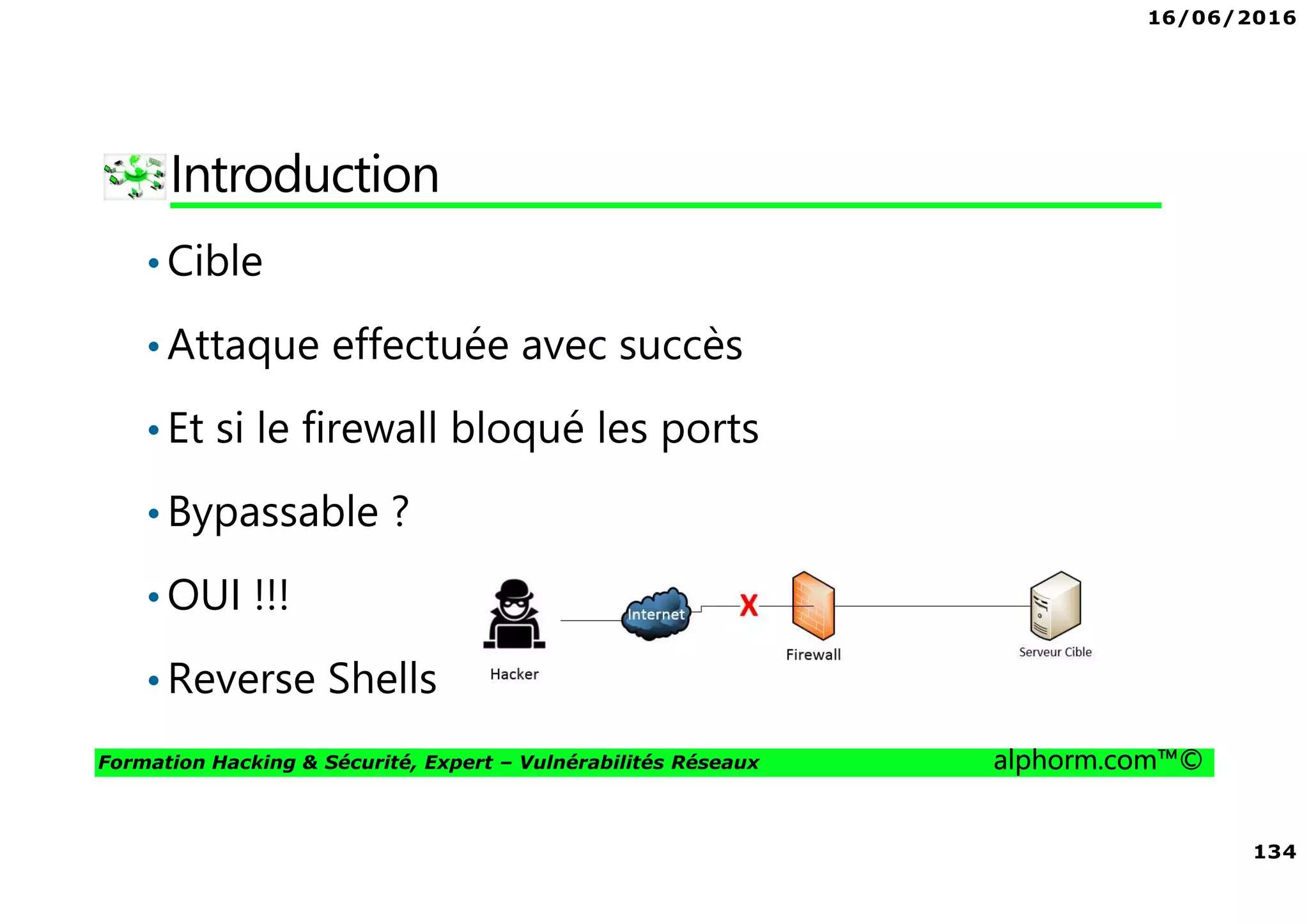 16/06/2016
134
Formation Hacking & Sécurité, Expert – Vulnérabilités Réseaux alphorm.com™©
Introduction
•Cible
•Attaque effectuée avec succès
•Et si le firewall bloqué les ports
•Bypassable ?
•OUI !!!
•Reverse Shells
 