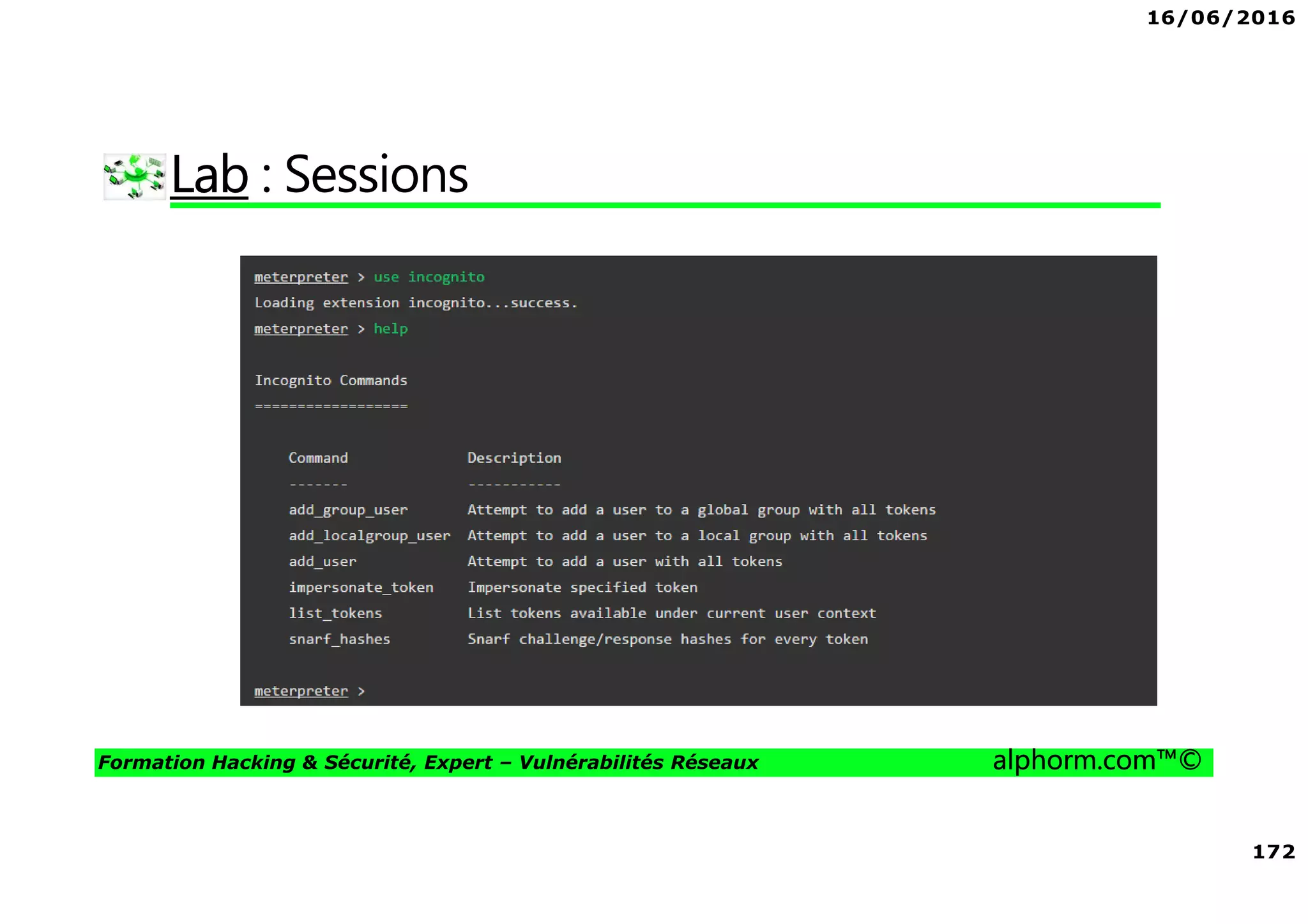 16/06/2016
172
Formation Hacking & Sécurité, Expert – Vulnérabilités Réseaux alphorm.com™©
Lab : Sessions
 