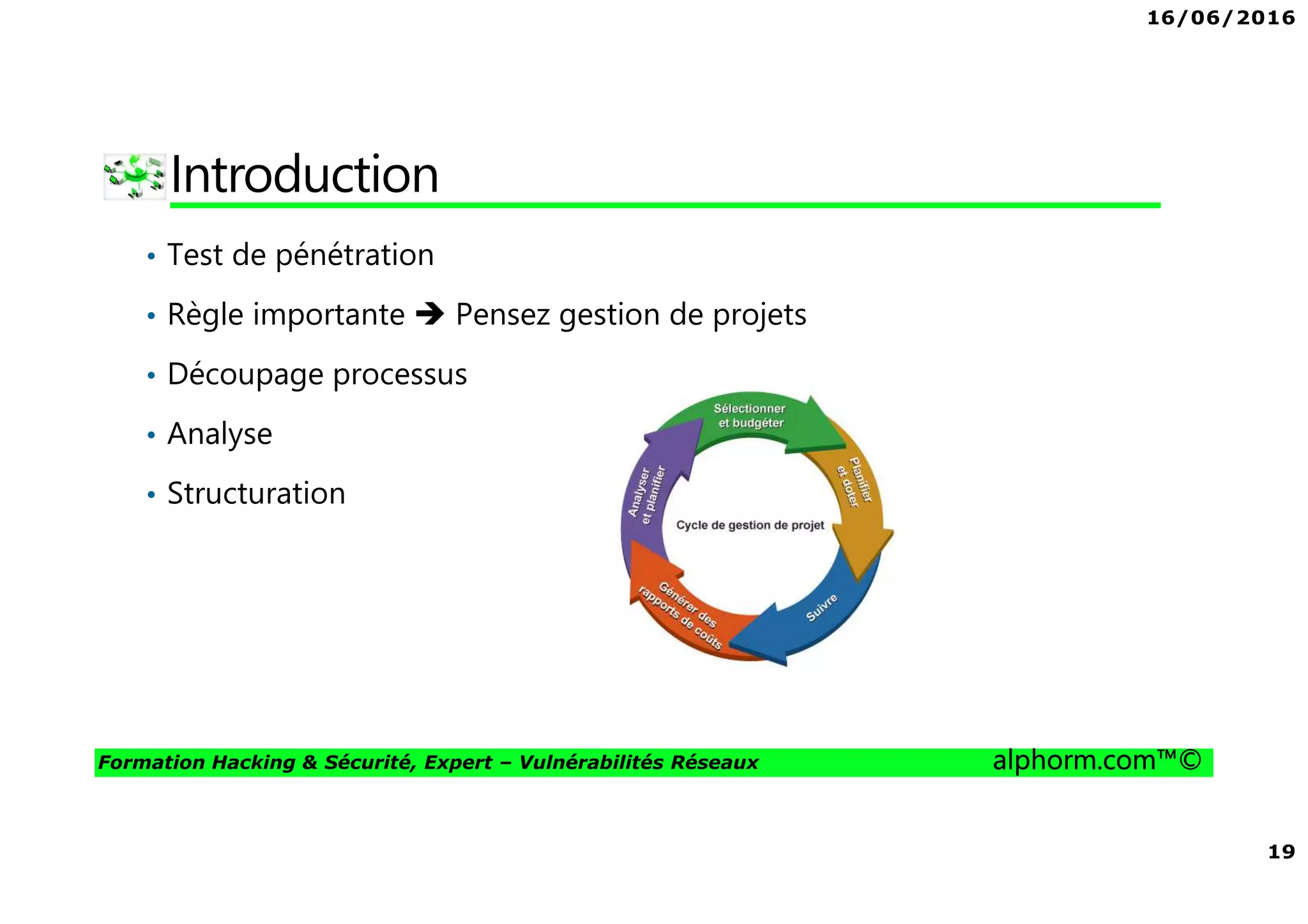 16/06/2016
19
Formation Hacking & Sécurité, Expert – Vulnérabilités Réseaux alphorm.com™©
Introduction
• Test de pénétration
• Règle importante Pensez gestion de projets
• Découpage processus
• Analyse
• Structuration
 
