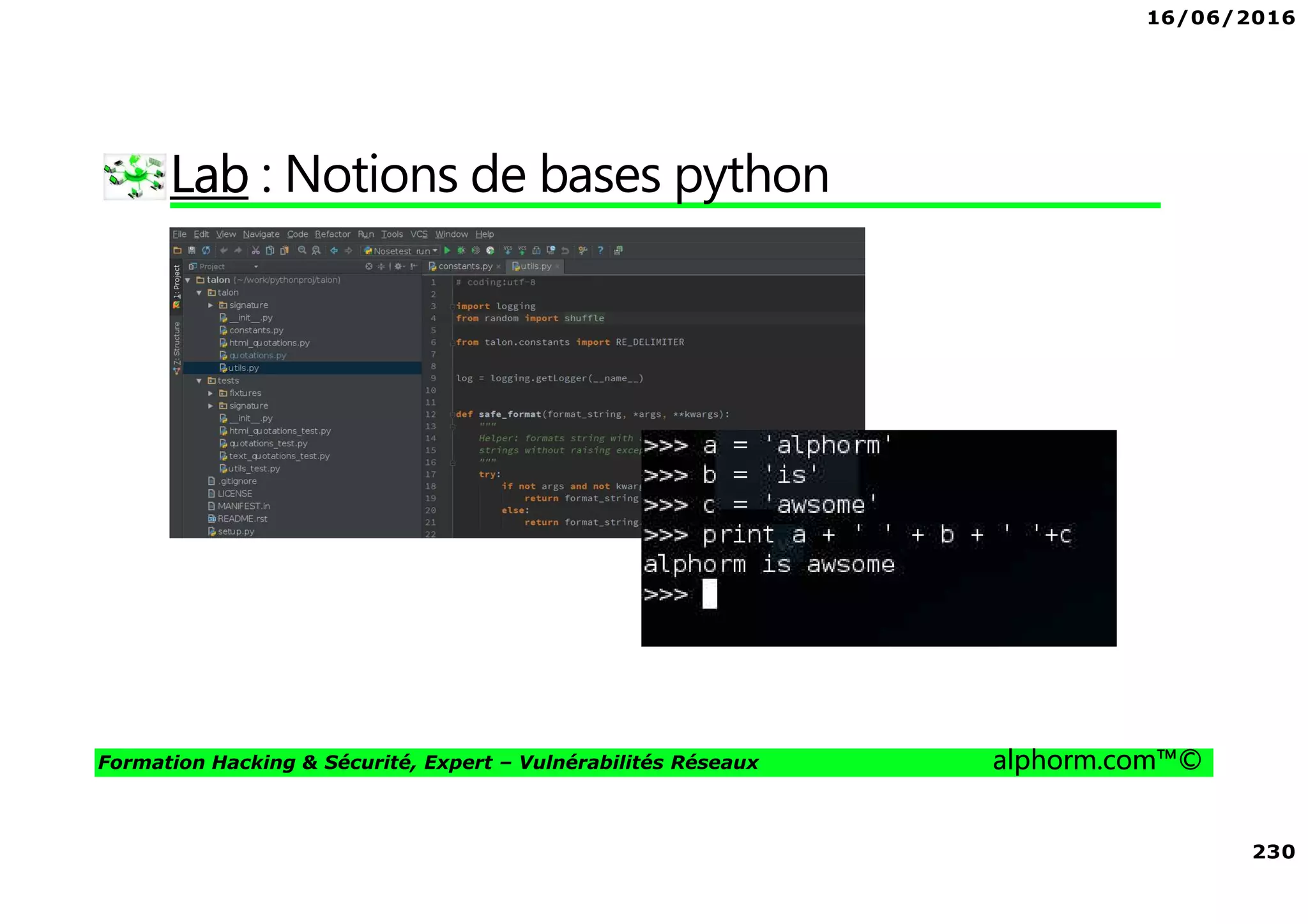 16/06/2016
230
Formation Hacking & Sécurité, Expert – Vulnérabilités Réseaux alphorm.com™©
Lab : Notions de bases python
 