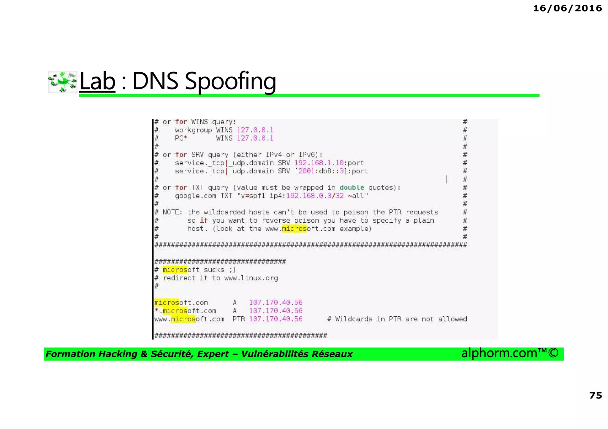16/06/2016
75
Formation Hacking & Sécurité, Expert – Vulnérabilités Réseaux alphorm.com™©
Lab : DNS Spoofing
 