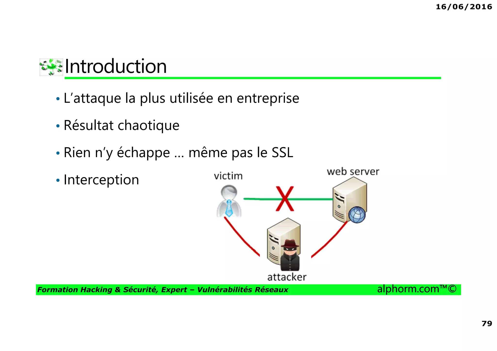16/06/2016
79
Formation Hacking & Sécurité, Expert – Vulnérabilités Réseaux alphorm.com™©
Introduction
• L’attaque la plus utilisée en entreprise
• Résultat chaotique
• Rien n’y échappe … même pas le SSL
• Interception
 