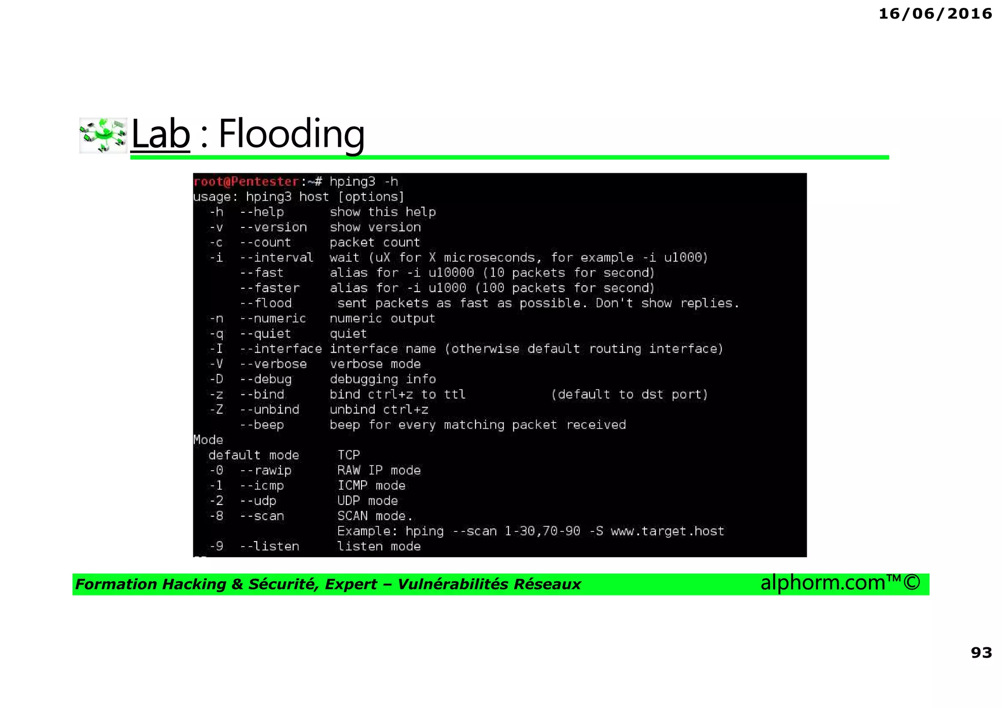 16/06/2016
93
Formation Hacking & Sécurité, Expert – Vulnérabilités Réseaux alphorm.com™©
Lab : Flooding
 