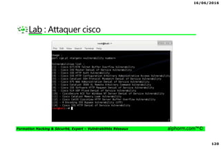 16/06/2016
120
Formation Hacking & Sécurité, Expert – Vulnérabilités Réseaux alphorm.com™©
Lab : Attaquer cisco
 