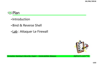 16/06/2016
133
Formation Hacking & Sécurité, Expert – Vulnérabilités Réseaux alphorm.com™©
Plan
•Introduction
•Bind & Reverse Shell
•Lab : Attaquer Le Firewall
 