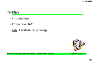 16/06/2016
155
Formation Hacking & Sécurité, Expert – Vulnérabilités Réseaux alphorm.com™©
Plan
•Introduction
•Protection UAC
•Lab : Escalade de privilège
 