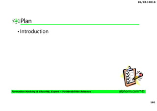 16/06/2016
161
Formation Hacking & Sécurité, Expert – Vulnérabilités Réseaux alphorm.com™©
Plan
•Introduction
 