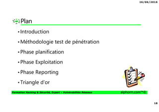 16/06/2016
18
Formation Hacking & Sécurité, Expert – Vulnérabilités Réseaux alphorm.com™©
Plan
•Introduction
•Méthodologie test de pénétration
•Phase planification
•Phase Exploitation
•Phase Reporting
•Triangle d’or
 