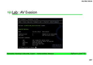 16/06/2016
187
Formation Hacking & Sécurité, Expert – Vulnérabilités Réseaux alphorm.com™©
Lab : AV Evasion
 