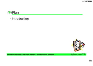 16/06/2016
202
Formation Hacking & Sécurité, Expert – Vulnérabilités Réseaux alphorm.com™©
Plan
•Introduction
 