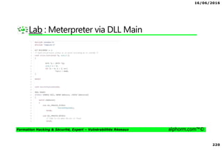16/06/2016
220
Formation Hacking & Sécurité, Expert – Vulnérabilités Réseaux alphorm.com™©
Lab : Meterpreter via DLL Main
 