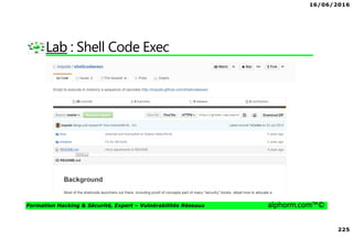 16/06/2016
225
Formation Hacking & Sécurité, Expert – Vulnérabilités Réseaux alphorm.com™©
Lab : Shell Code Exec
 