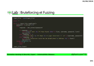 16/06/2016
241
Formation Hacking & Sécurité, Expert – Vulnérabilités Réseaux alphorm.com™©
Lab : Bruteforcing et Fuzzing
 