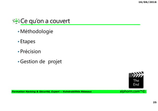 16/06/2016
25
Formation Hacking & Sécurité, Expert – Vulnérabilités Réseaux alphorm.com™©
Ce qu’on a couvert
•Méthodologie
•Etapes
•Précision
•Gestion de projet
 