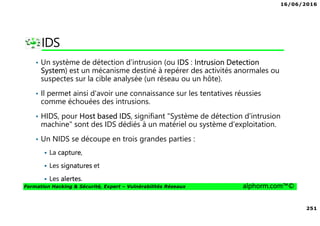 16/06/2016
251
Formation Hacking & Sécurité, Expert – Vulnérabilités Réseaux alphorm.com™©
IDS
• Un système de détection d'intrusion (ou IDS : Intrusion Detection
System) est un mécanisme destiné à repérer des activités anormales ou
suspectes sur la cible analysée (un réseau ou un hôte).
• Il permet ainsi d'avoir une connaissance sur les tentatives réussies
comme échouées des intrusions.
• HIDS, pour Host based IDS, signifiant "Système de détection d'intrusion
machine" sont des IDS dédiés à un matériel ou système d'exploitation.
• Un NIDS se découpe en trois grandes parties :
La capture,
Les signatures et
Les alertes.
 