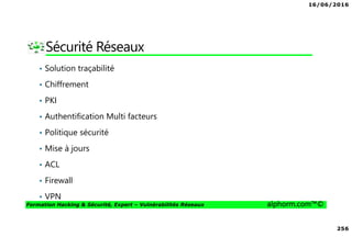16/06/2016
256
Formation Hacking & Sécurité, Expert – Vulnérabilités Réseaux alphorm.com™©
Sécurité Réseaux
• Solution traçabilité
• Chiffrement
• PKI
• Authentification Multi facteurs
• Politique sécurité
• Mise à jours
• ACL
• Firewall
• VPN
 