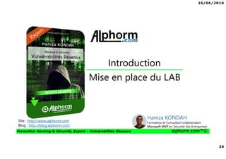 16/06/2016
26
Formation Hacking & Sécurité, Expert – Vulnérabilités Réseaux alphorm.com™©
Mise en place du LAB
Introduction
Site : http://www.alphorm.com
Blog : http://blog.alphorm.com
Hamza KONDAH
Formateur et Consultant indépendant
Microsoft MVP en Sécurité des Entreprises
 