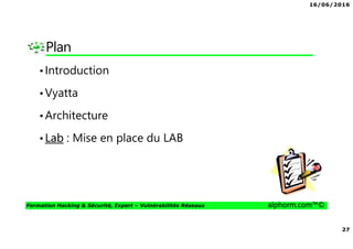 16/06/2016
27
Formation Hacking & Sécurité, Expert – Vulnérabilités Réseaux alphorm.com™©
Plan
•Introduction
•Vyatta
•Architecture
•Lab : Mise en place du LAB
 